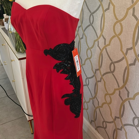 Monique Lhoullier Red Strapless Gown with Black Lace Appliqué – Size 10 - Picture 3 of 8